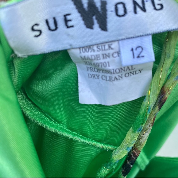 Y2K Sue Wong 100% Silk Green Gold Metallic Halter Maxi Dress Size 12 - Picture 2 of 8